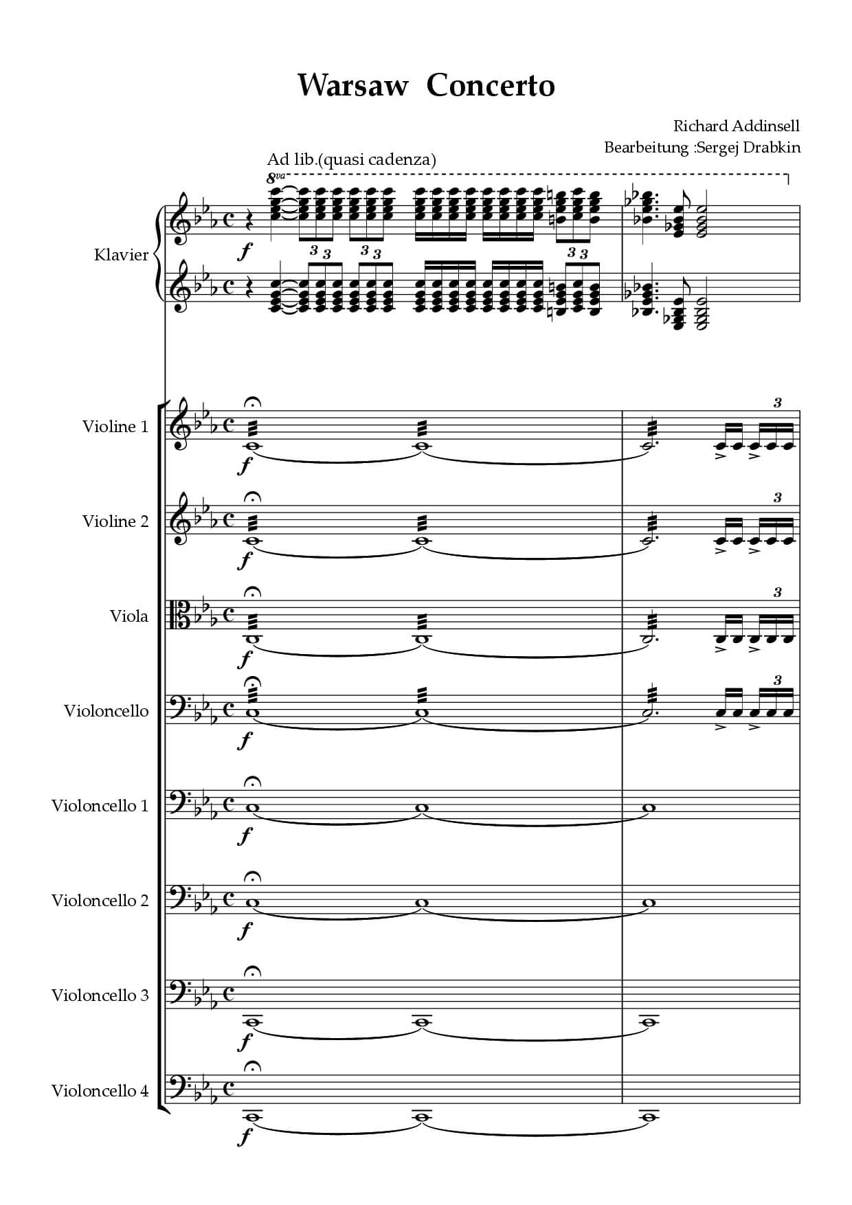 Musiknoten für Cello Quartett aus dem Stück Warsaw Concerto von Addinsell, Richard