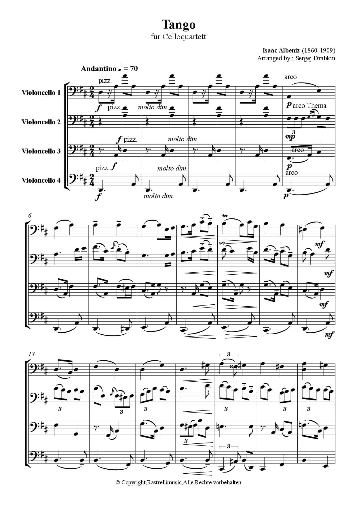 Musiknoten für Cello Quartett aus dem Stück Tango von Albeniz, Isaac