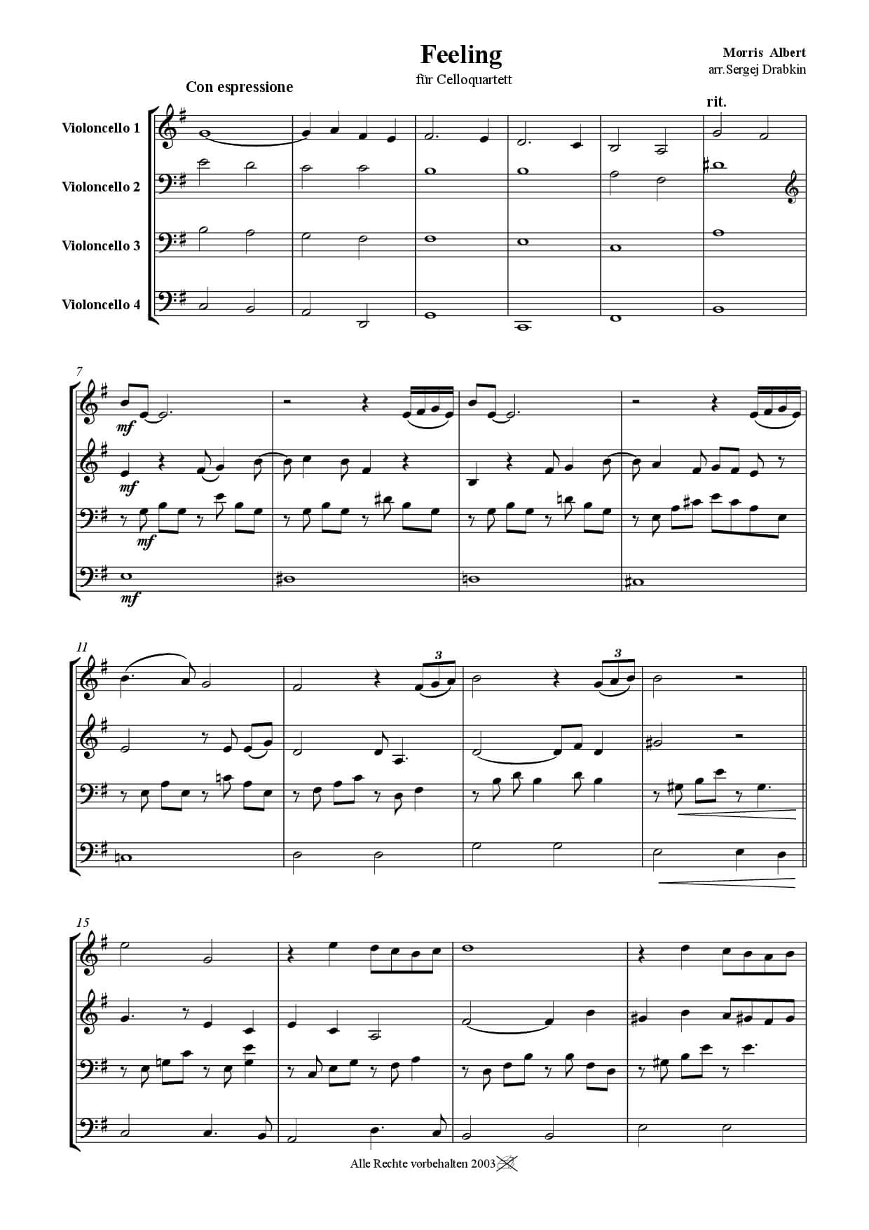 Musiknoten für Cello Quartett aus dem Stück Feelings von Albert, Morris