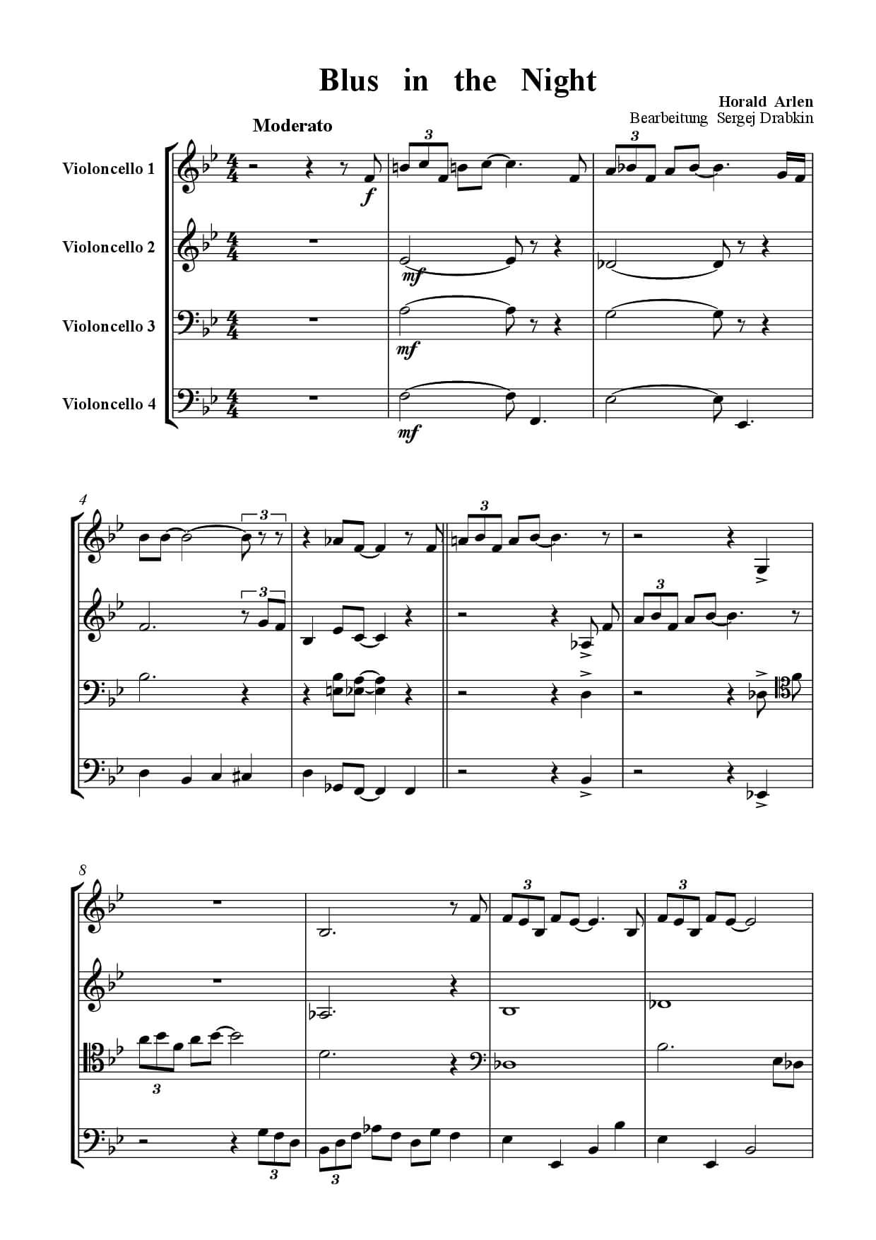 Musiknoten für Cello Quartett aus dem Stück Blues in the Night von Arlen, Horald