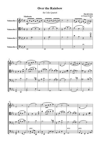 Musiknoten für Cello Quartett aus dem Stück Over the Rainbow von Arlen, Horald