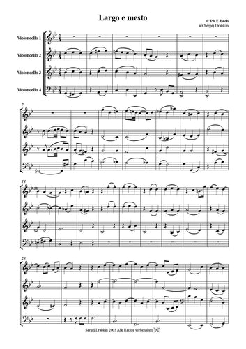 Musiknoten für Cello Quartett aus dem Stück Largo e mesto von Bach, Carl Philipp Emanuel