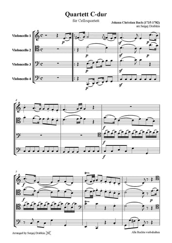 Musiknoten für Cello Quartett aus dem Stück Quartett C-Dur 1 Satz von Bach, Johann Christian