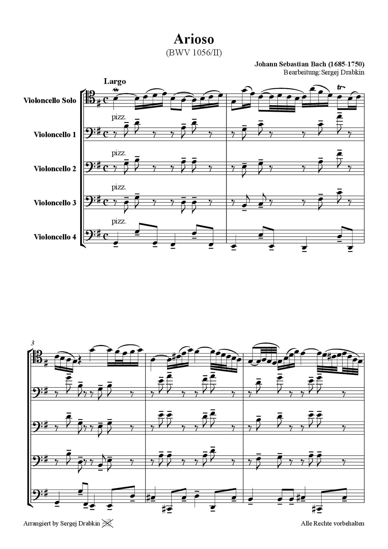 Musiknoten für Cello Quartett aus dem Stück Arioso von Bach, Johann Sebastian