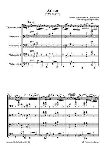 Musiknoten für Cello Quartett aus dem Stück Arioso von Bach, Johann Sebastian
