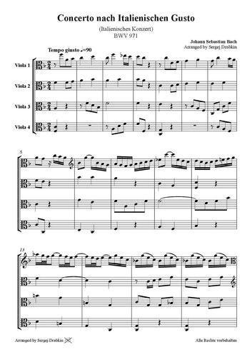 Musiknoten für Viola Quartett aus dem Stück Concerto nach Italienischen Gusto BWV 971 von Bach, Johann Sebastian