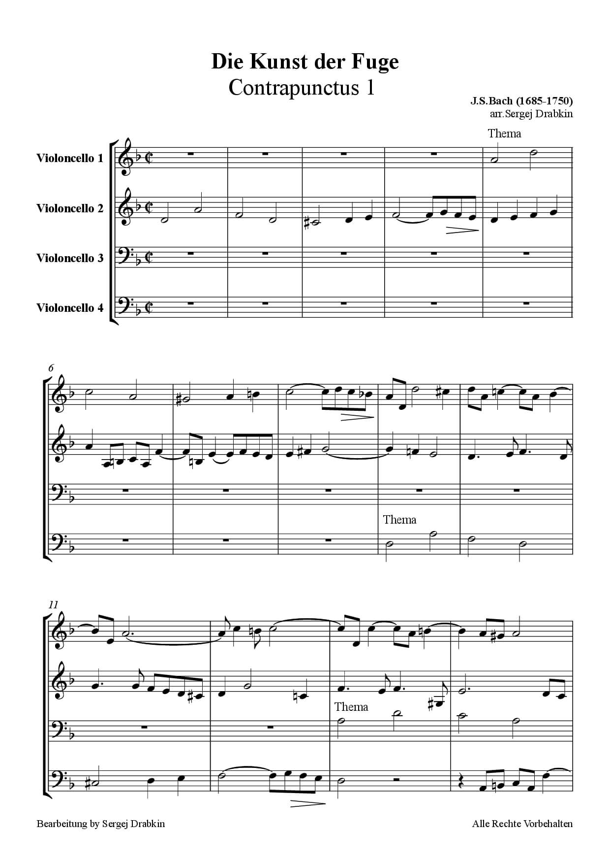 Musiknoten für Cello Quartett aus dem Stück Die Kunst der Fuge,Contrapunctus 1 von Bach, Johann Sebastian