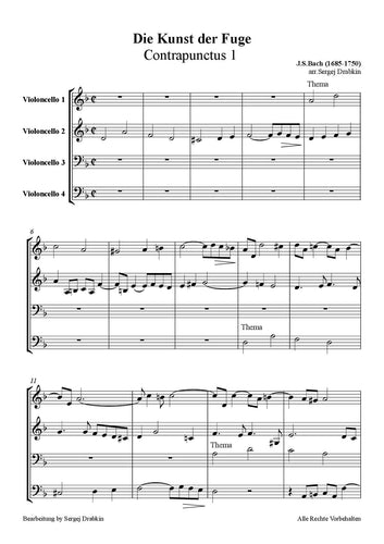 Musiknoten für Cello Quartett aus dem Stück Die Kunst der Fuge,Contrapunctus 1 von Bach, Johann Sebastian