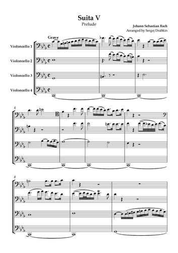 Musiknoten für Cello Quartett aus dem Stück Suita Nr.5 von Bach, Johann Sebastian