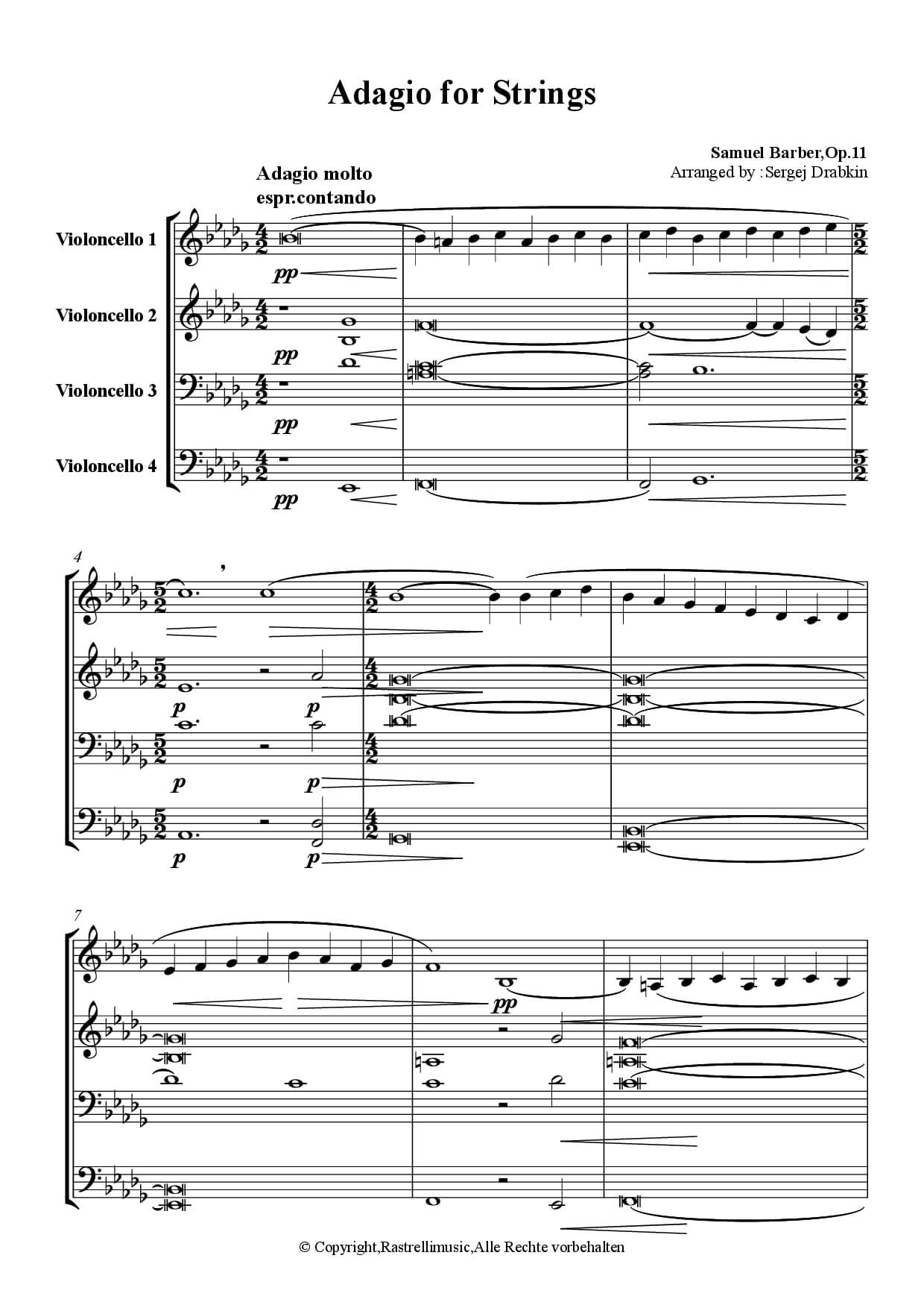Musiknoten für Cello Quartett aus dem Stück Adagio for String von Barber, Samuel