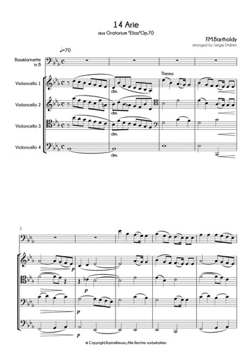 Musiknoten für Cello Quartett aus dem Stück 14 Arie aus Oratorium Elias, Op.70 von Mendelssohn Bartholdy, Felix