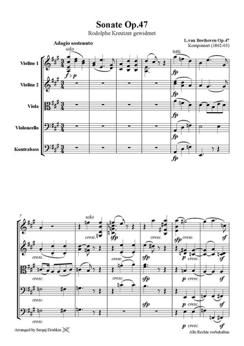 Musiknoten für Cello Quartett aus dem Stück Sonate Op.47 in 3 Sätze von Beethoven, Ludvig van