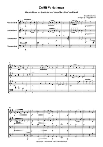 Musiknoten für Cello Quartett aus dem Stück Variation über ein Thema aus dem Oratorium von Beethoven, Ludvig van