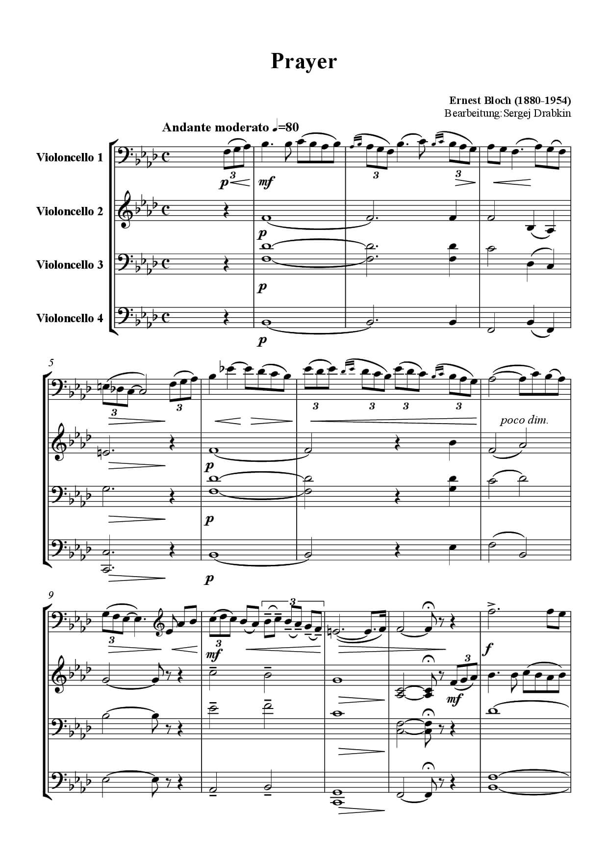 Musiknoten für Cello Quartett aus dem Stück Prayer von Bloch, Ernest