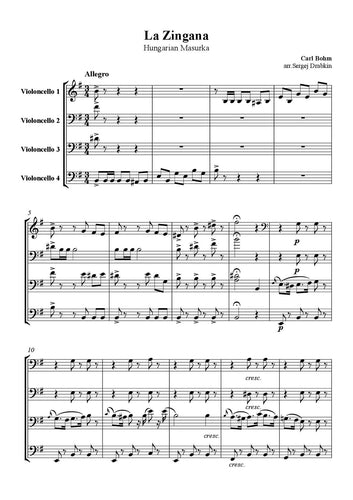 Musiknoten für Cello Quartett aus dem La Zingana,Hungarian Masurka von Bom, Carl