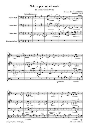 Musiknoten für Cello Quartett aus dem Stück Nel cor piu non mi sento von Bottesini, Giovanni