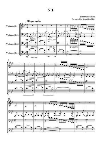 Musiknoten für Cello Quartett aus dem Stück 21 Ungarische Tänze von Brahms, Johanes