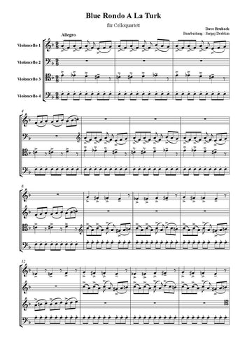 Musiknoten für Cello Quartett aus dem Stück Blue Rondo ala Turk von Brubeck, Dave