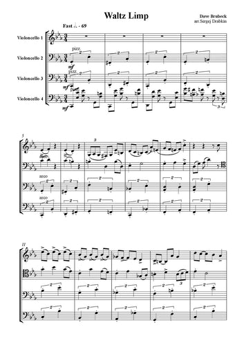 Musiknoten für Cello Quartett aus dem Stück Watz Limp von Brubeck, Dave