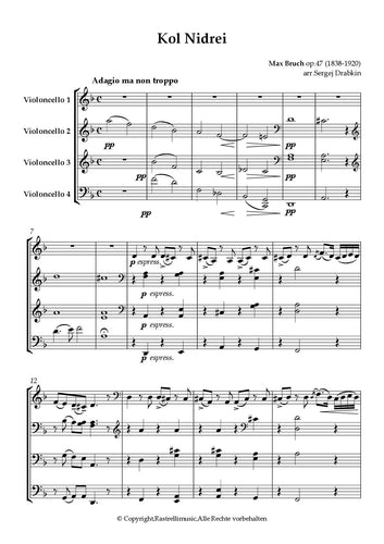 Musiknoten für Cello Quartett aus dem Kol Nidrei von Bruch, Max