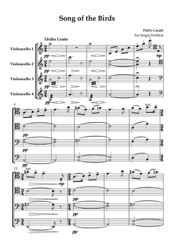 Musiknoten für Cello Quartett aus dem Stück Song of the Birds von Casals, Pablo