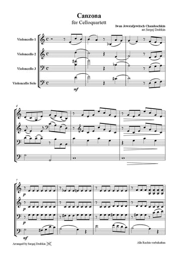 Musiknoten für Cello Quartett aus dem Stück Canzona von Chandoschkin, Iwan