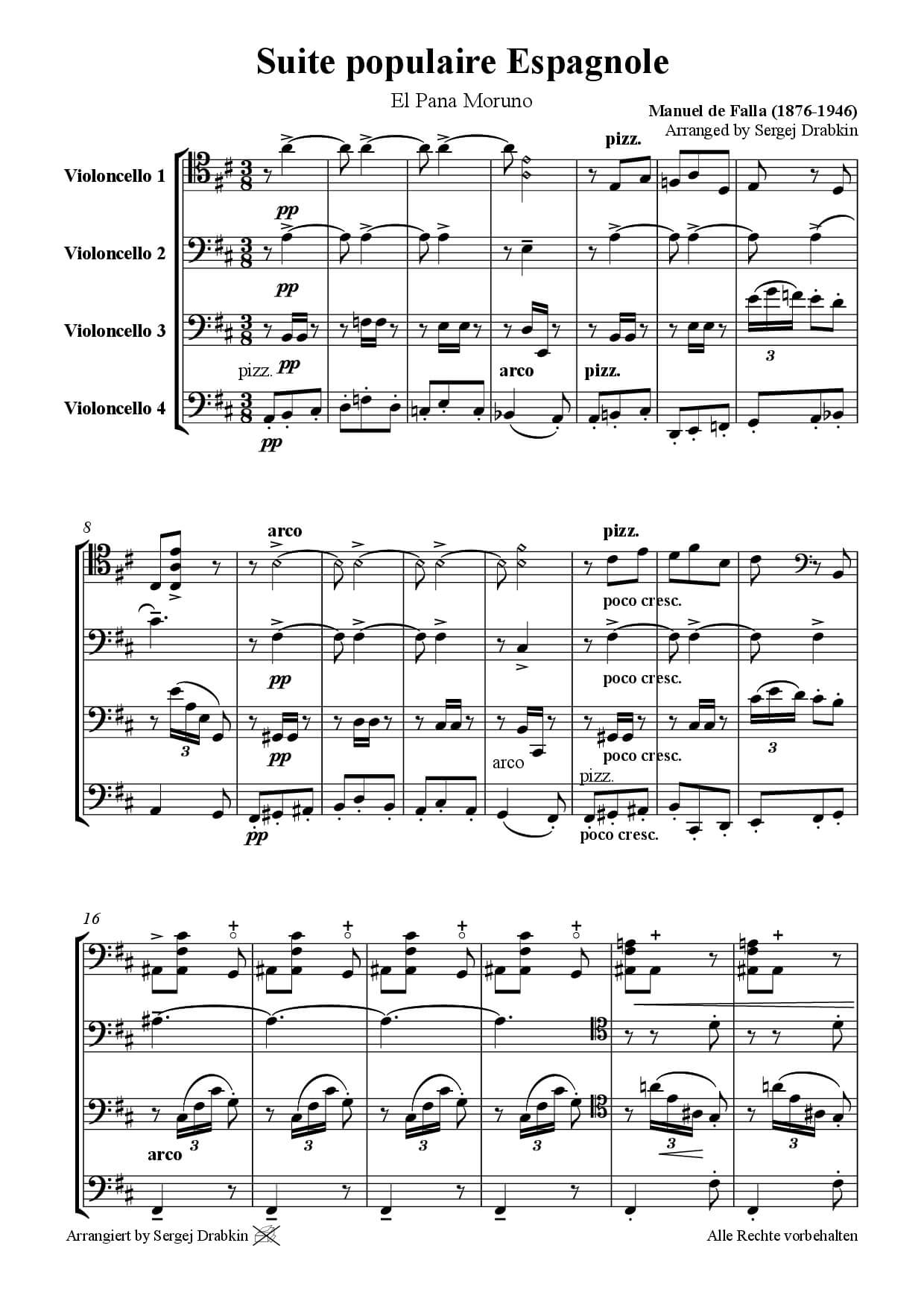 Musiknoten für Cello Quartett aus dem Stück Suite populaire Espagnole in 6 Sätze von de Falla, Manuel