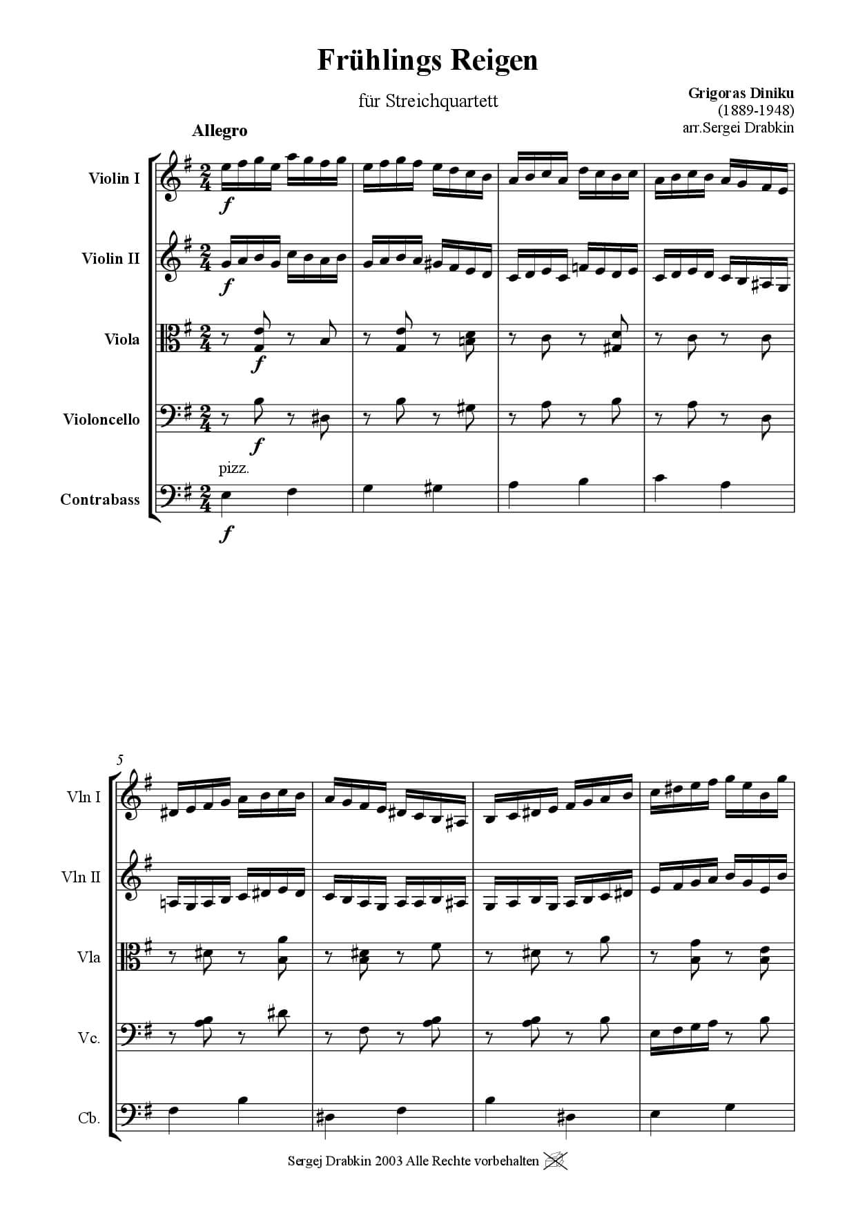 Musiknoten für Cello Quartett aus dem Stück Spring Hora von Dinicu, Grigoras