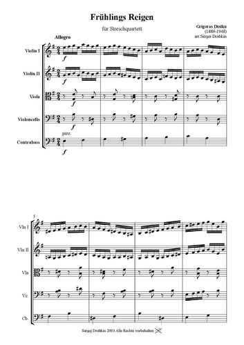 Musiknoten für Cello Quartett aus dem Stück Spring Hora von Dinicu, Grigoras