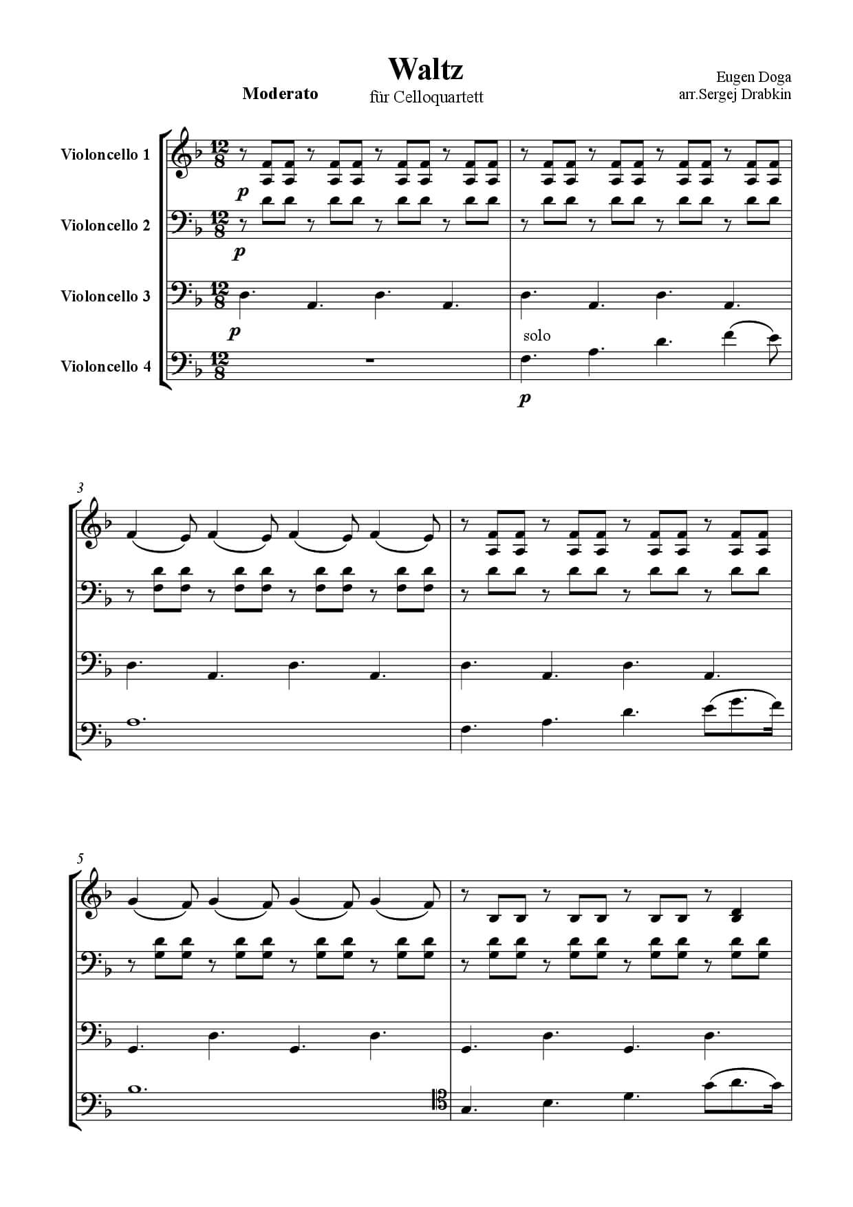 Musiknoten für Cello Quartett aus dem Stück Waltz von Doga, Eugen