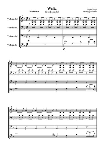 Musiknoten für Cello Quartett aus dem Stück Waltz von Doga, Eugen