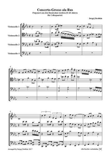 Musiknoten für Cello Quartett aus dem Stück Concerto-Grosso ala Rus von Drabkin, Sergej