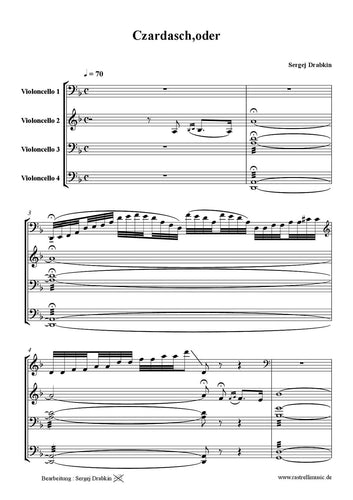 Musiknoten für Cello Quartett aus dem Stück Czardasch,oder von Drabkin, Sergej