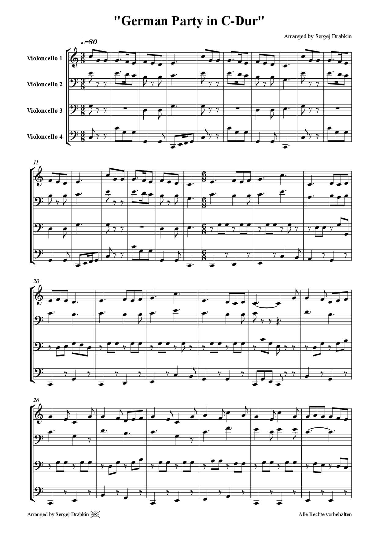 Musiknoten für Cello Quartett aus dem Stück 