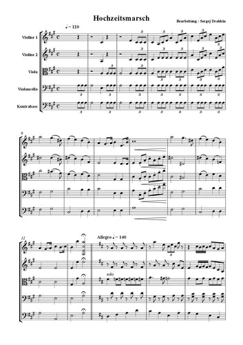 Musiknoten für Cello Quartett aus dem Stück Hochzeitsmarsch von Drabkin, Sergej