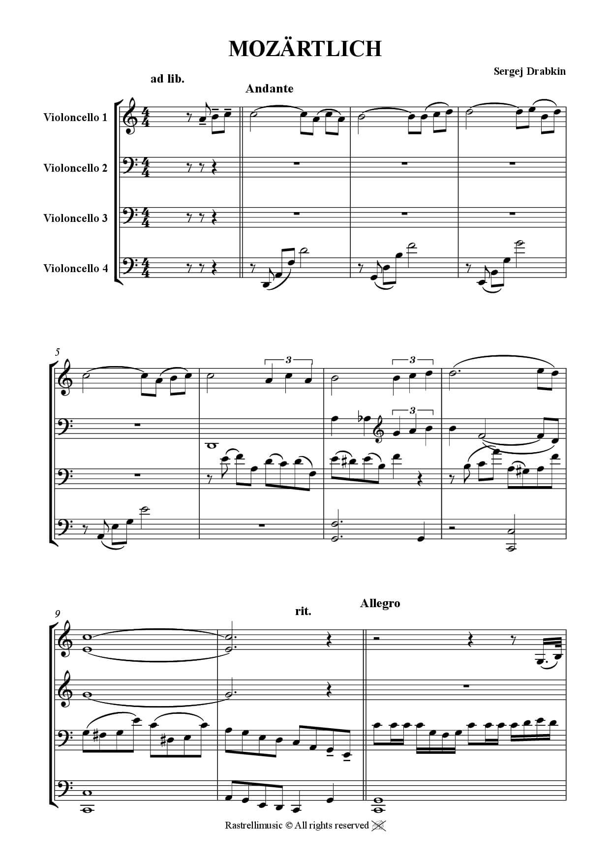 Musiknoten für Cello Quartett aus dem Stück Mazartlich von Drabkin, Sergej