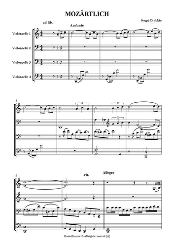 Musiknoten für Cello Quartett aus dem Stück Mazartlich von Drabkin, Sergej