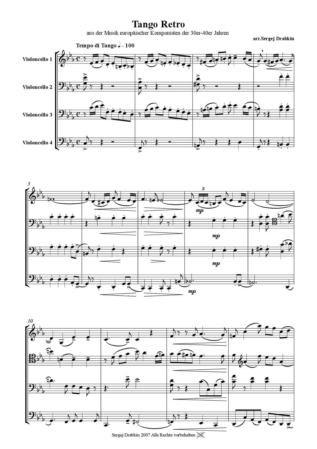 Musiknoten für Cello Quartett aus dem Stück Tango Retro von Sergej Drabkin