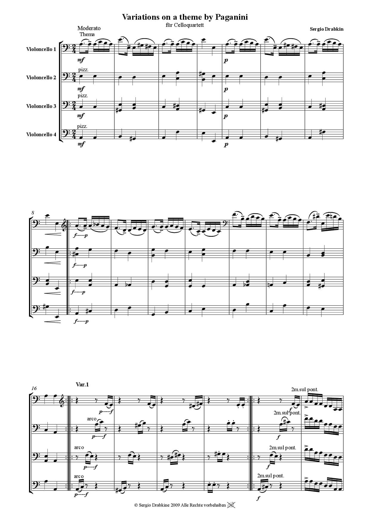 Musiknoten für Cello Quartett aus dem Stück Variations on a theme by Paganini von Drabkin,Sergej