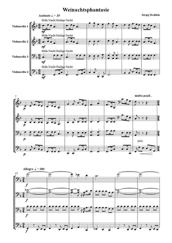 Musiknoten für Cello Quartett aus dem Stück Weinachtspphantasie von Drabkin, Sergej