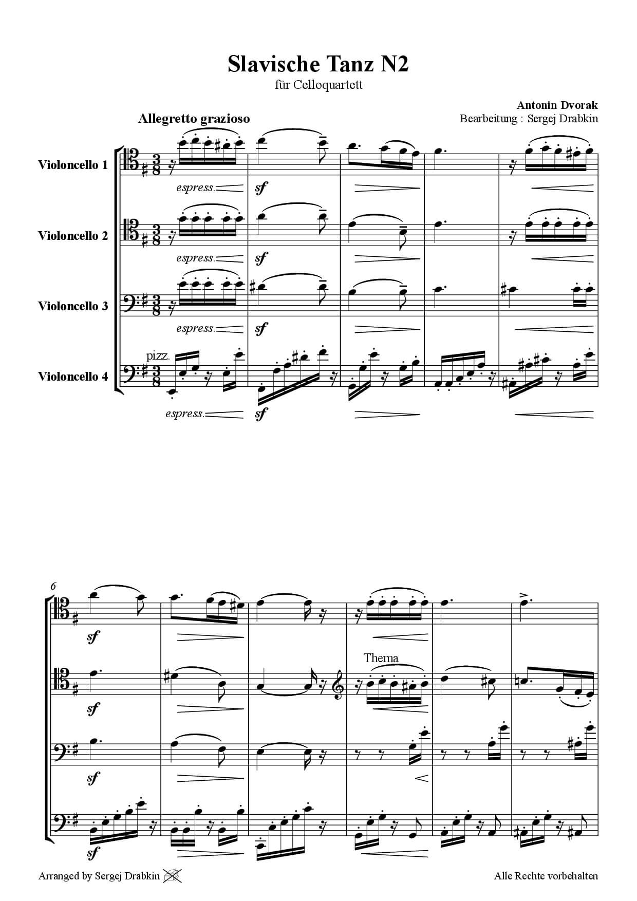 Musiknoten für Cello Quartett aus dem Stück Slavische Tanz No.2 von Dvorak, Antonin