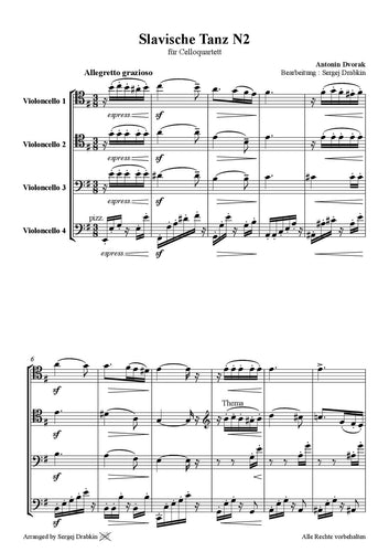 Musiknoten für Cello Quartett aus dem Stück Slavische Tanz No.2 von Dvorak, Antonin