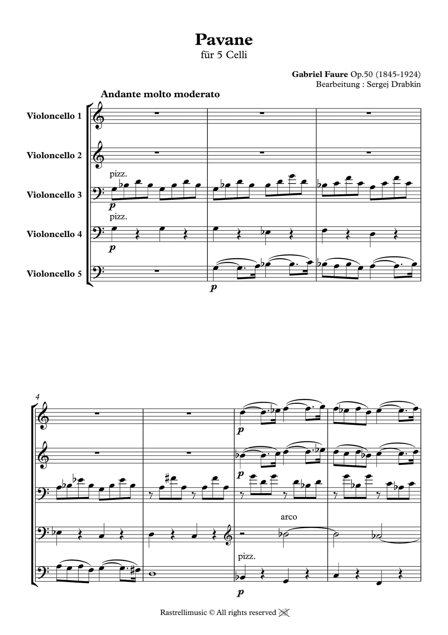 Musiknoten für 5 Cellos aus dem Stück Pavane von Fauré, Gabriel