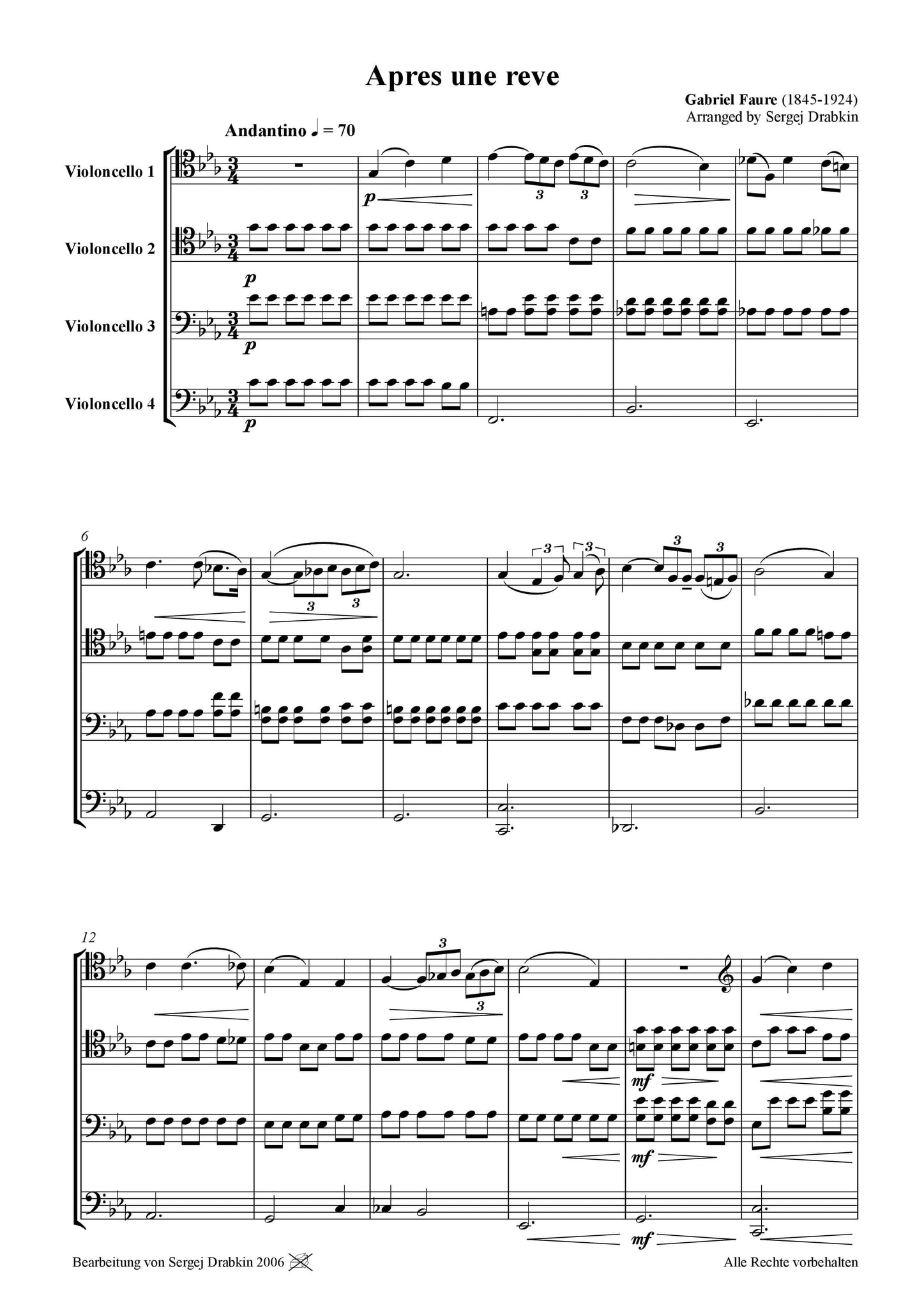 Musiknoten für Cello Quartett aus dem Stück Apres un Reve von Fauré Gabriel