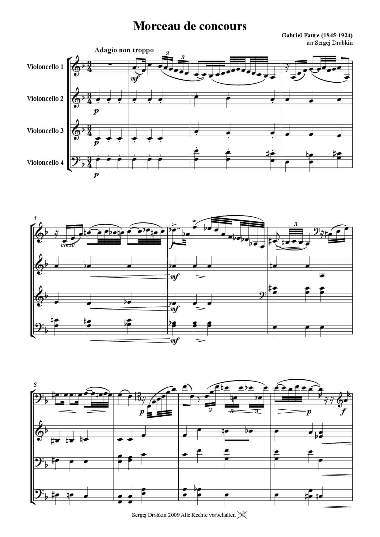 Musiknoten für Cello Quartett aus dem Stück Morceau de concours von Fauré, Gabriel