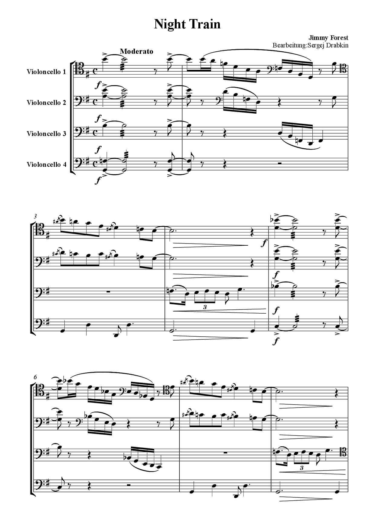 Musiknoten für Cello Quartett aus dem Stück Night Train von Forrest, Jimmy