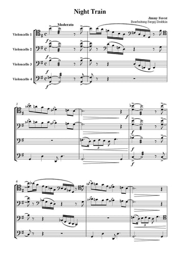 Musiknoten für Cello Quartett aus dem Stück Night Train von Forrest, Jimmy