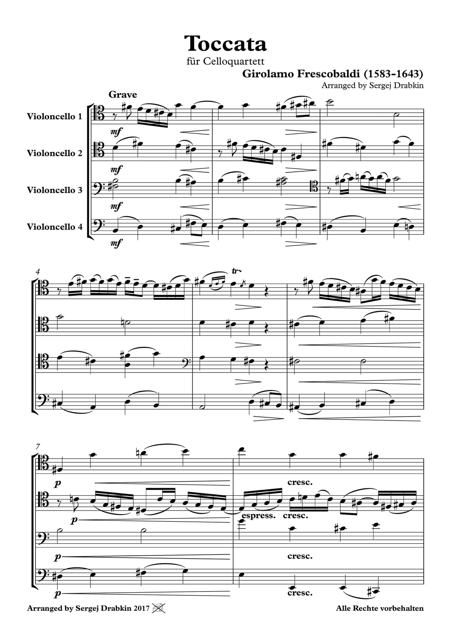Musiknoten für Cello Quartett aus dem Stück Toccata von Frescobaldi, Girolamo 