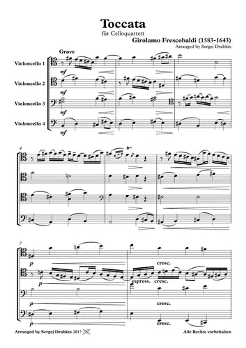 Musiknoten für Cello Quartett aus dem Stück Toccata von Frescobaldi, Girolamo 