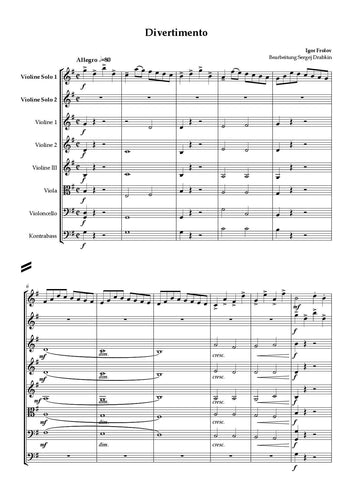 Musiknoten für Cello Quartett aus dem Stück Divertimento von Frolov, Igor
